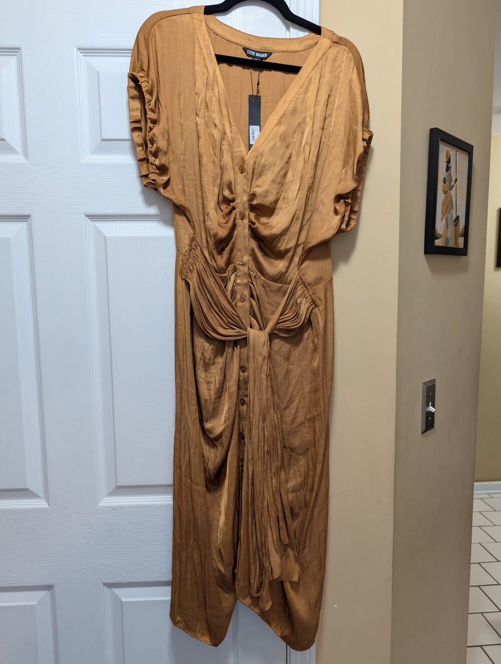 NEW Steve Madden Silky Bronze Ruched Front  Crinkle Belt Button Up Midi Dress